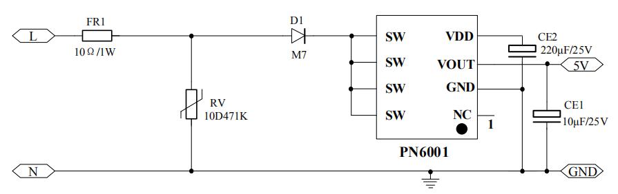 PN6001ÎÞµç¸Ð5VÊä³ö½µÑ¹Ð¾Æ¬µäÐÍÓ¦Óõç·